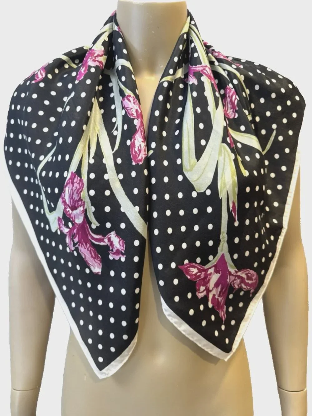 Vintage SILK Scarf, Black & White Polka Dots with Pink Florals 28.5